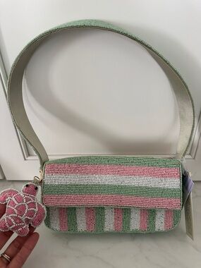 Brand new sea turtle Striped Beaded Shoulder Bag in Pink, Green & White